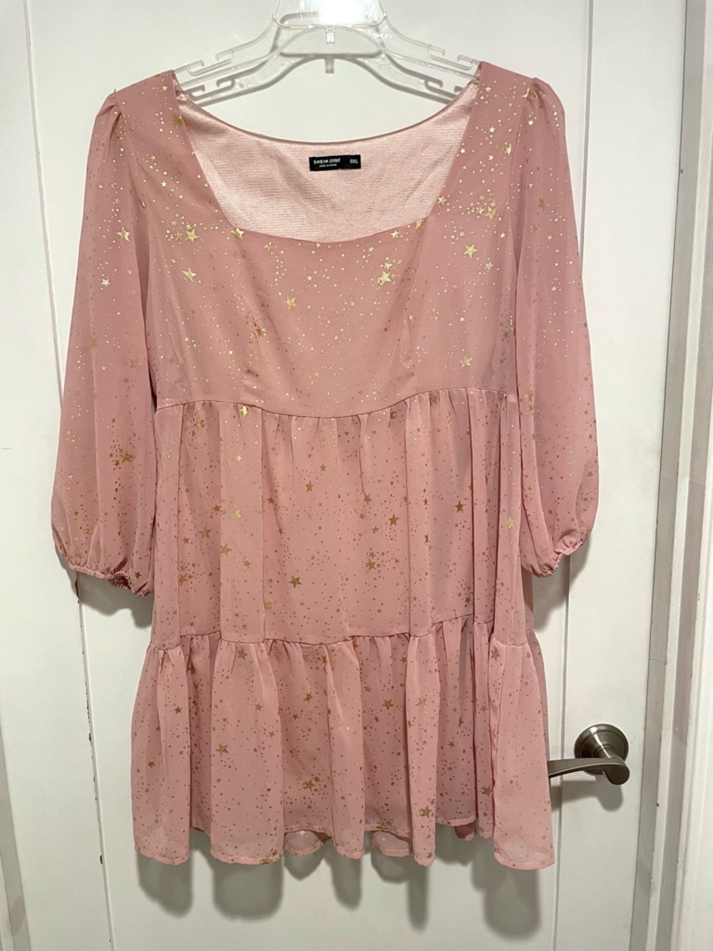 ☀️2/$20 SHEIN Curve Pink w Gold Stars Women's Top Blouse Skater Dress | 0X | EUC